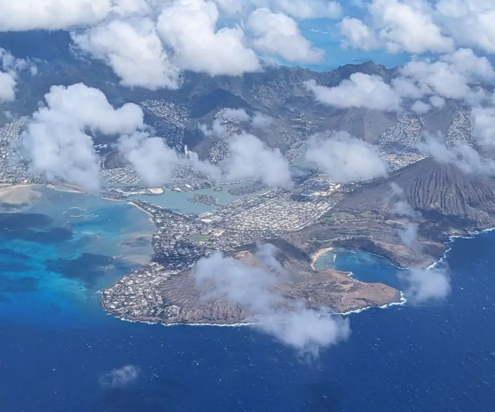 Hanauma Bay, the beautiful cove you see at the bottom right, as seen from an interisland flight. 
