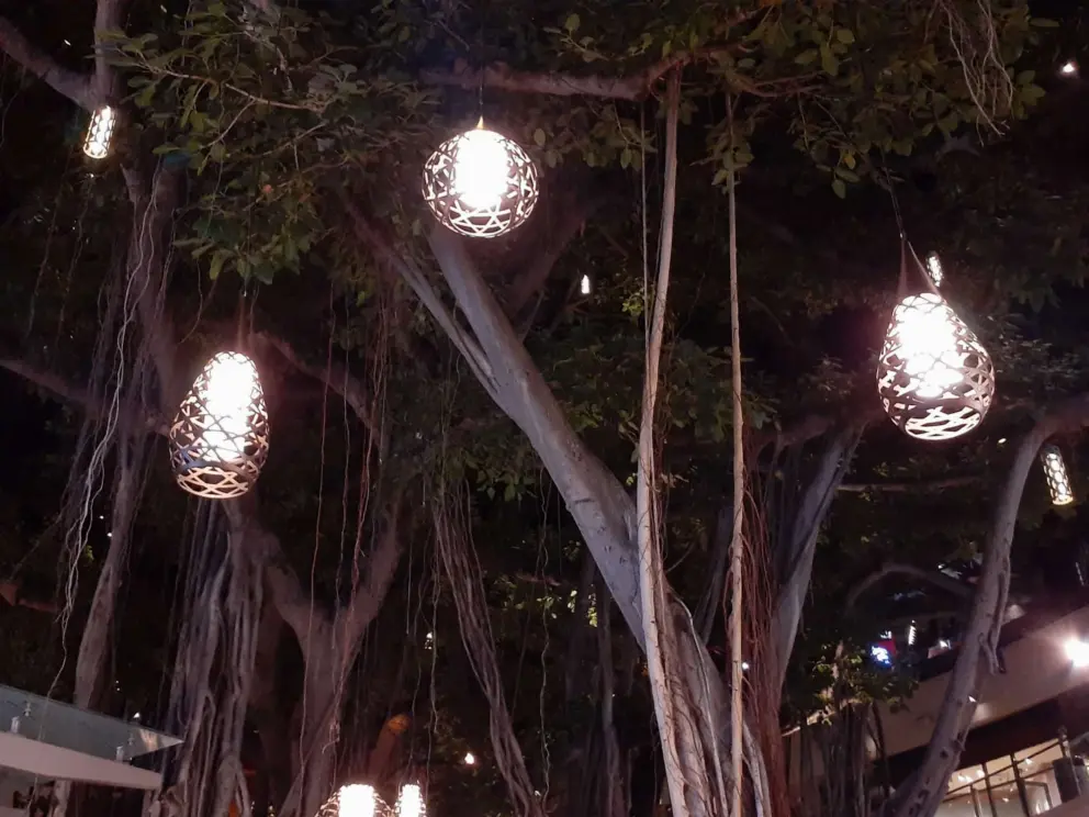 The hanging lanterns at International Marketplace at night. 