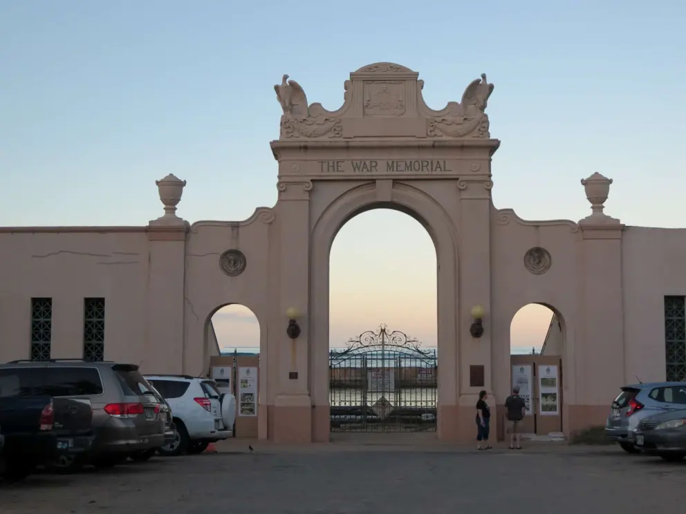The Beaux Arts arch of the Natatorium, at the end of the walk. 