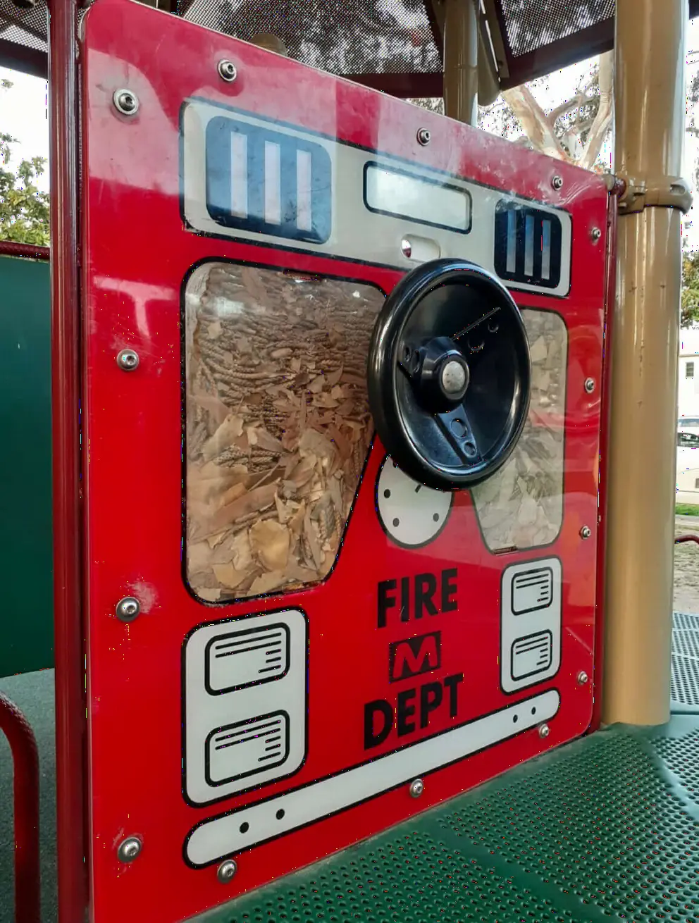 Kids can pretend to drive a fire truck. 