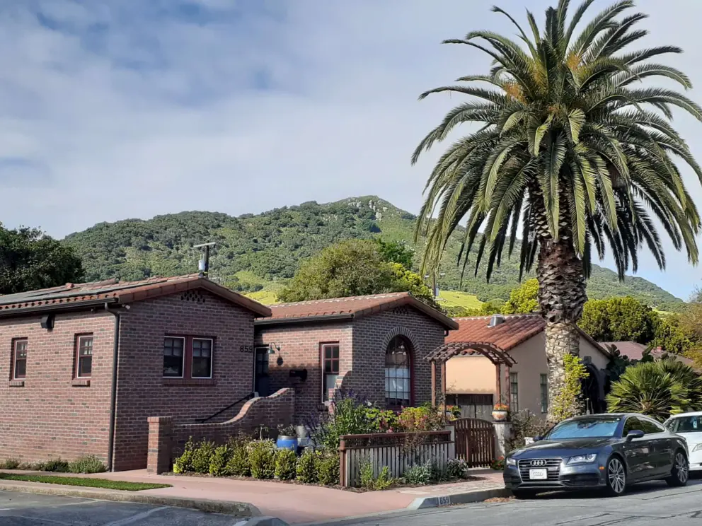 A brick house, canary palm, and mountain behind.