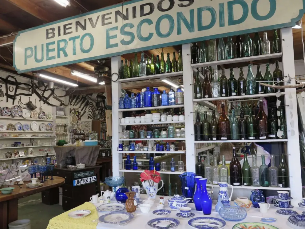 Antique store with glass bottles. 