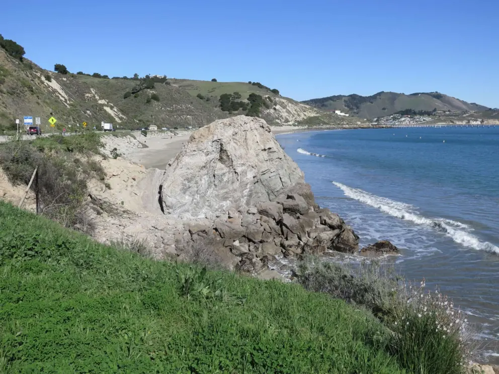 The rock that divides Olde Port Beach from Fisherman's Beach, the dog and no-dog beaches. And the highway at the top. 