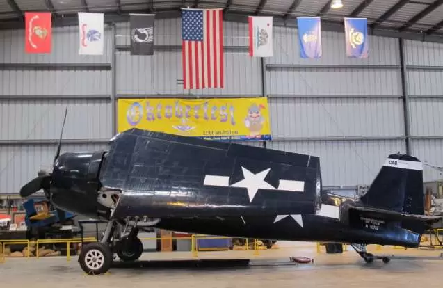 Grumman F6F-5 Hellcat inside the hangar.