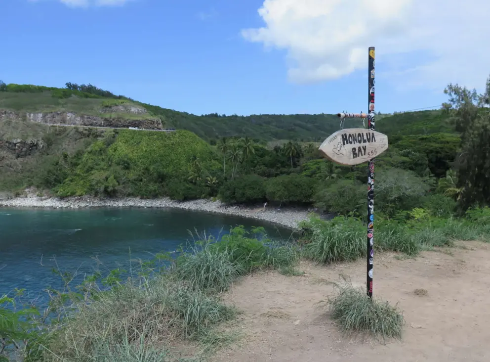 Homemade sign at Honolua Bay Lookout. 