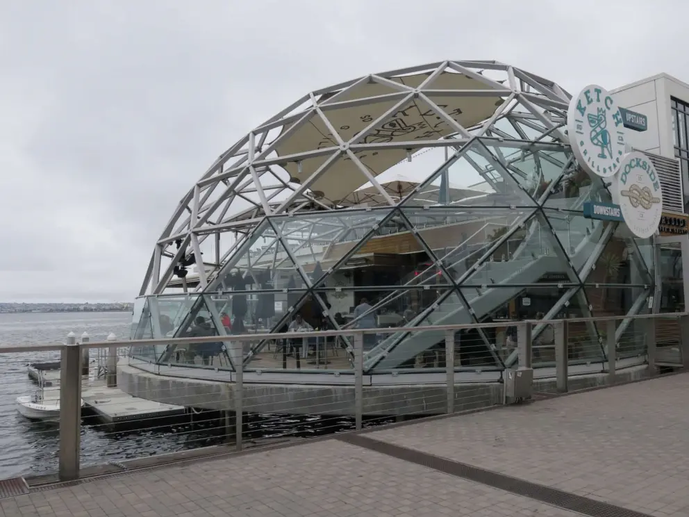 Dome-shaped glassed-in area where you can sit and have a tea, at Portside Pier. 