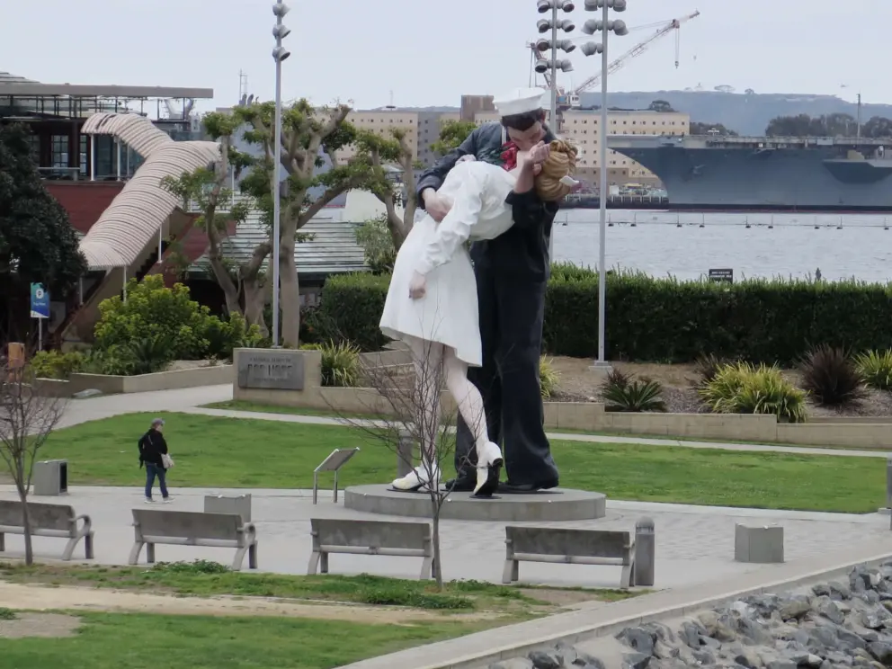 Unconditional Surrender is a 25-foot tall sculpture of a nurse kissing a sailor, based on the famous photograph taken in Times Square. 