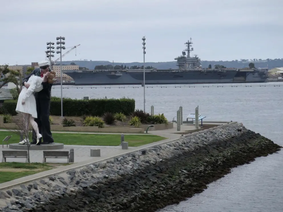 Unconditional Surrender sculpture, as seen from the USS Midway. 