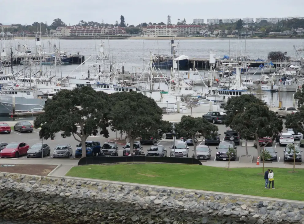 The park and marina below the USS Midway. 