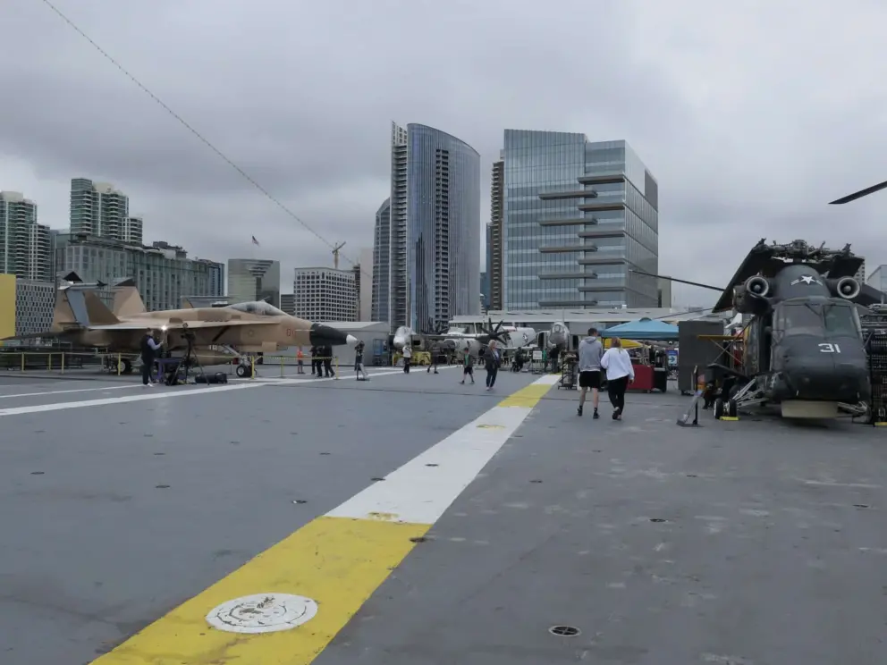 The upper deck where the planes and helicopters are located. 