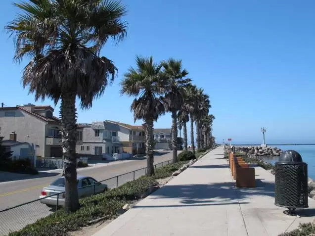 The boardwalk with benches.