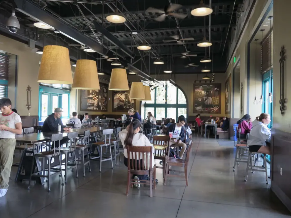 Inside Starbucks coffee there is an abundance of seating. 