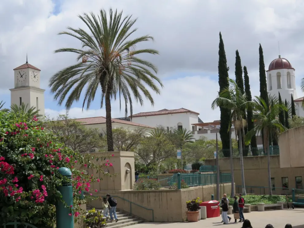 Towers and Italian cypress trees. 