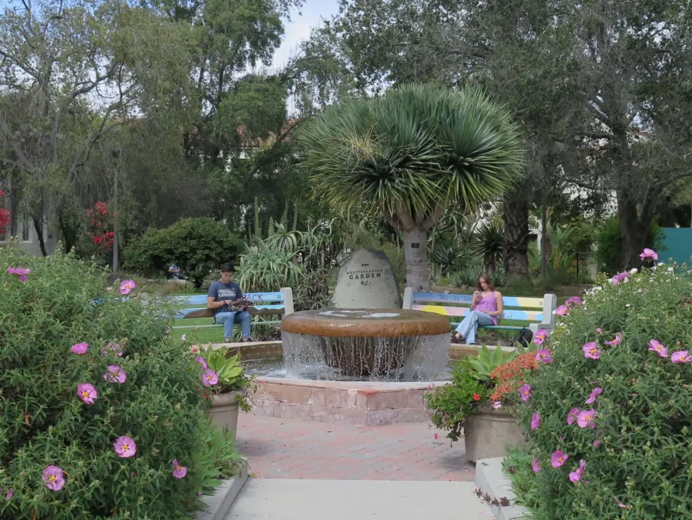 Fountain, rock rose flowers, and pastel colored benches. 