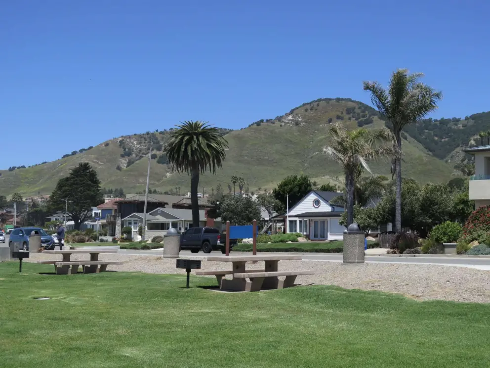 Picnic tables with cute views of hills. 