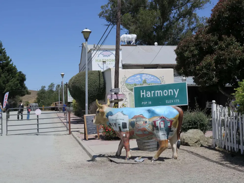 Harmony has a population of 18! Painted cow sculpture. 