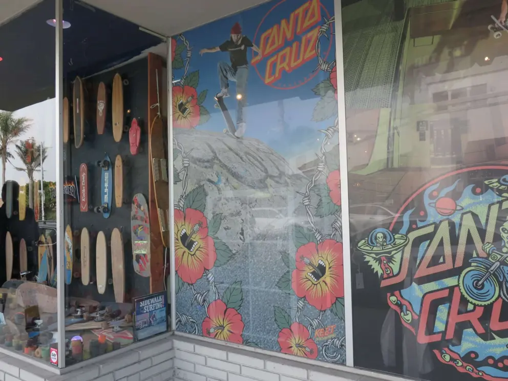 Skateboard shop window in Pleasure Point. 