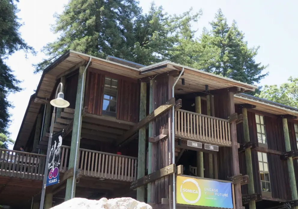 Redwood building at the campus center. 