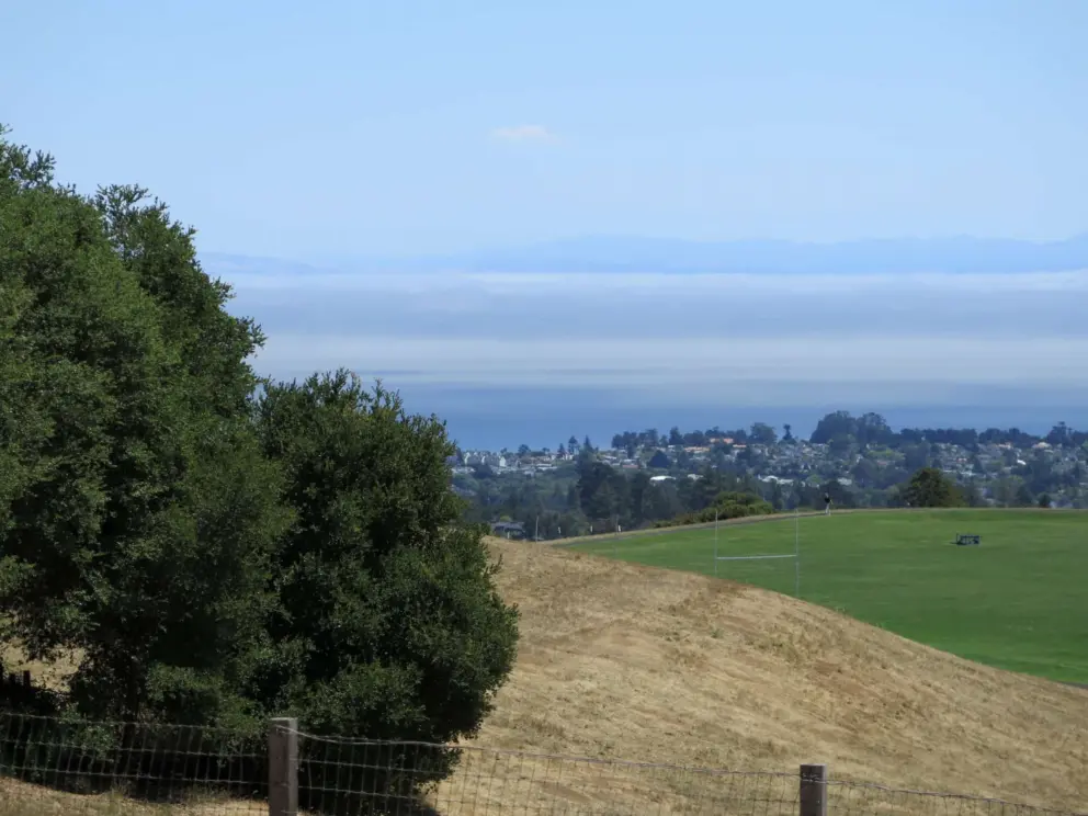 View toward Monterey, from the stairs at Cowell/Stevenson Dining Hall. 