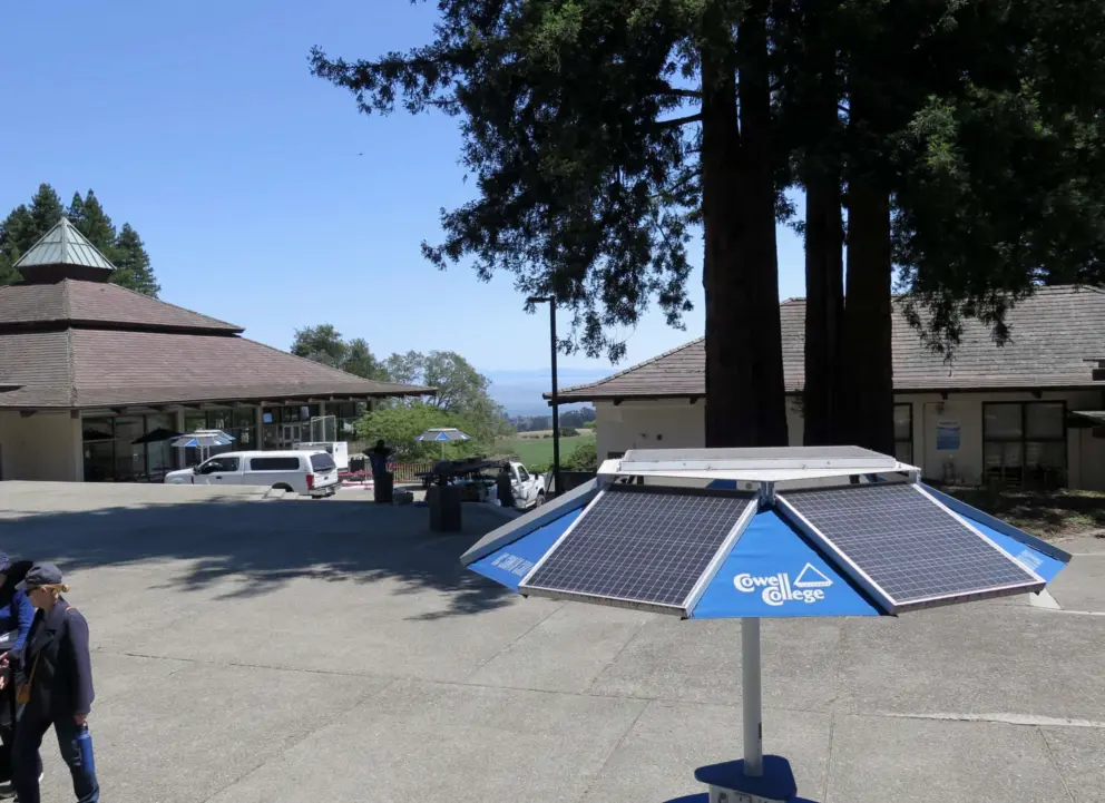 Cowell/Stevenson Dining Hall and the ocean in the distance. 