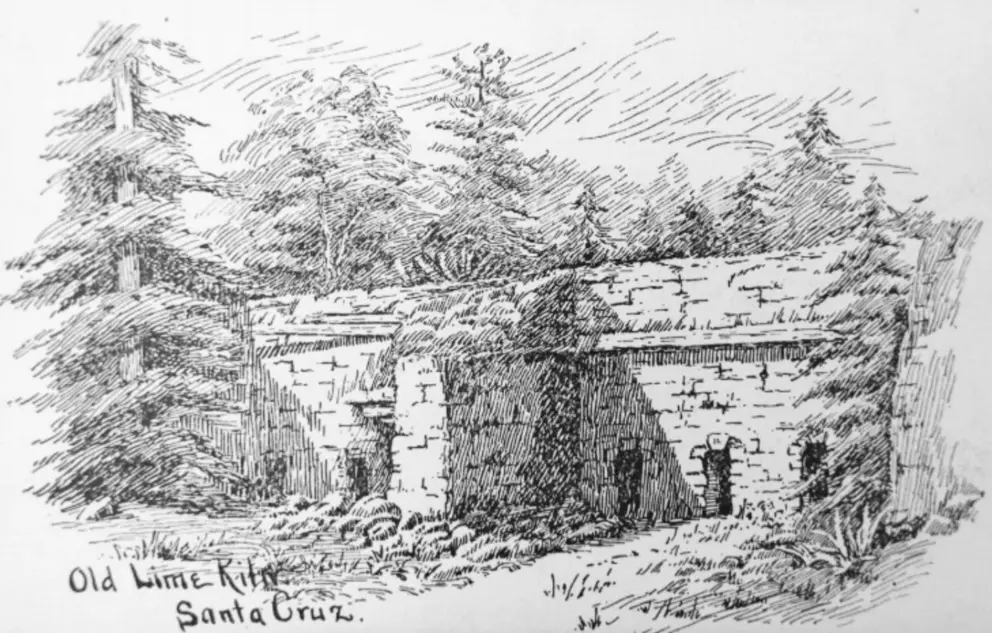 A historic drawing of a lime kiln that was used to make quicklime out of limestone. You can hike a muddy trail to the old lime kiln at Pogonip.