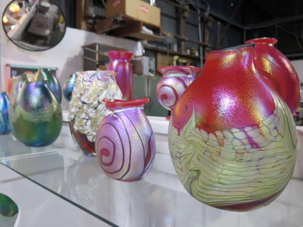 Glass vases with swirly designs. 