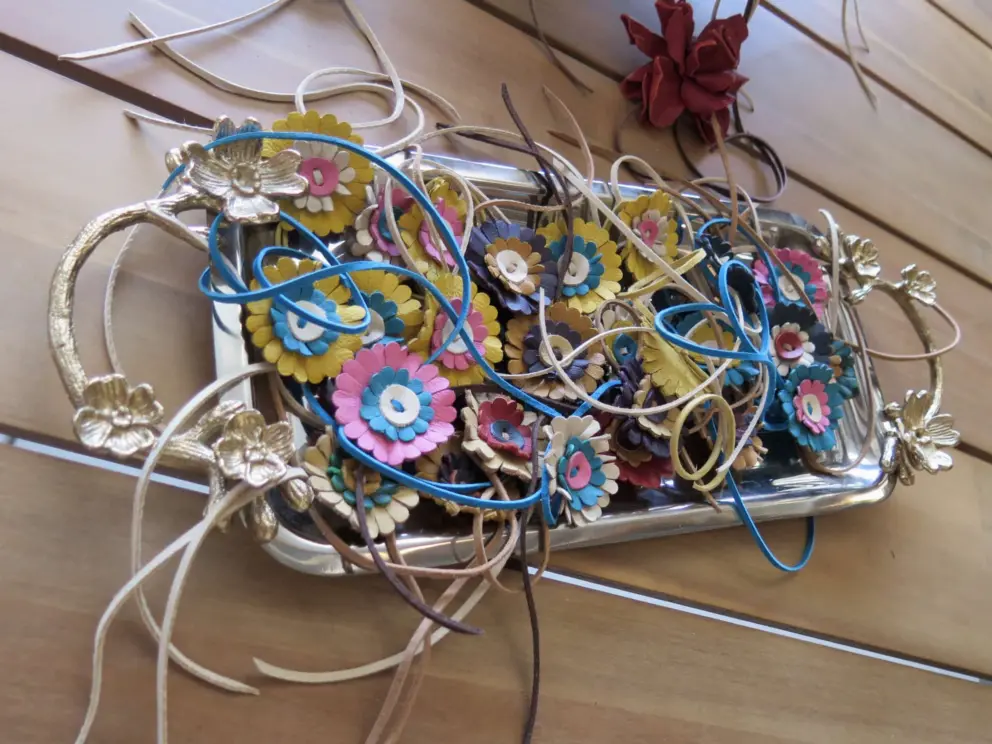 Leather flowers in the leather shop.