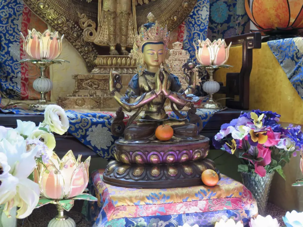 Tibetan Buddhist statue inside the meditation hall (gompa). 