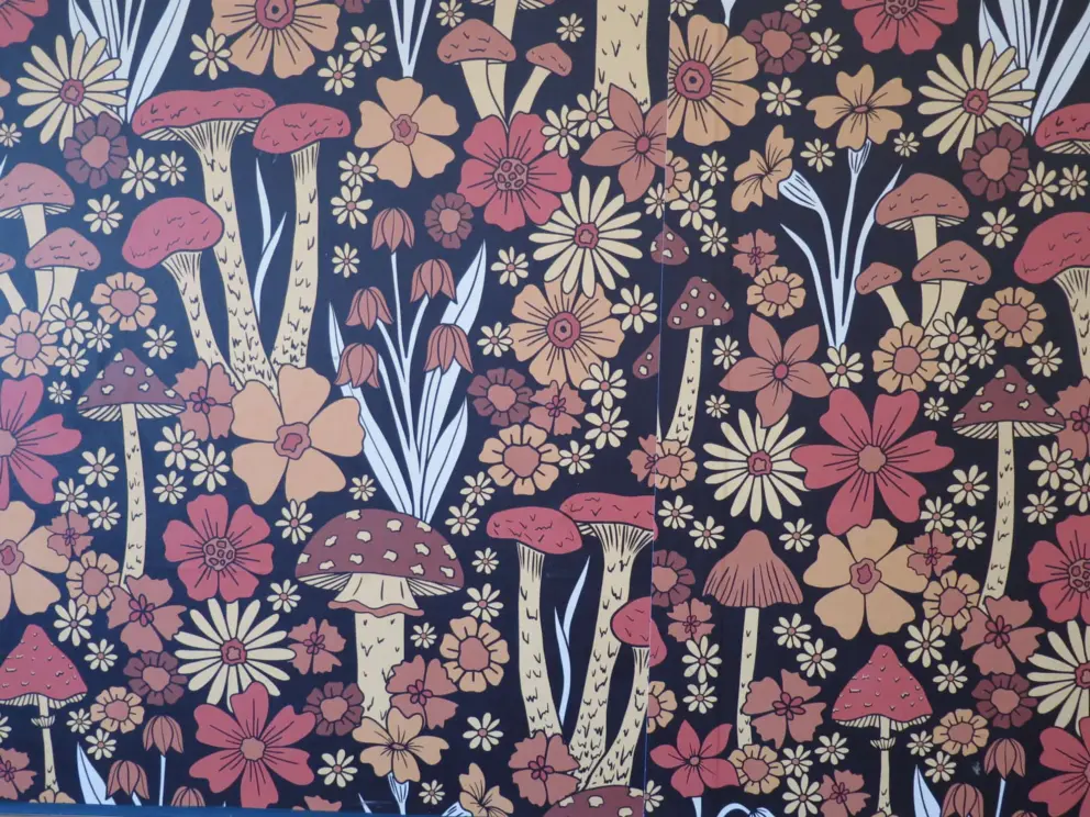 Mushroom and daisies wallpaper inside The Grove Bakery and Cafe.