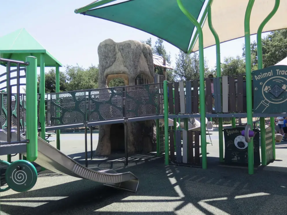 The treehouse play structure with stainless steel double slides. 