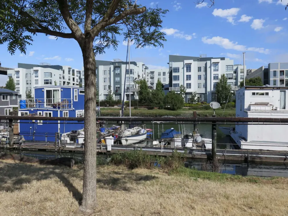 Colorful houseboats on the channel at Mission Creek Park. 