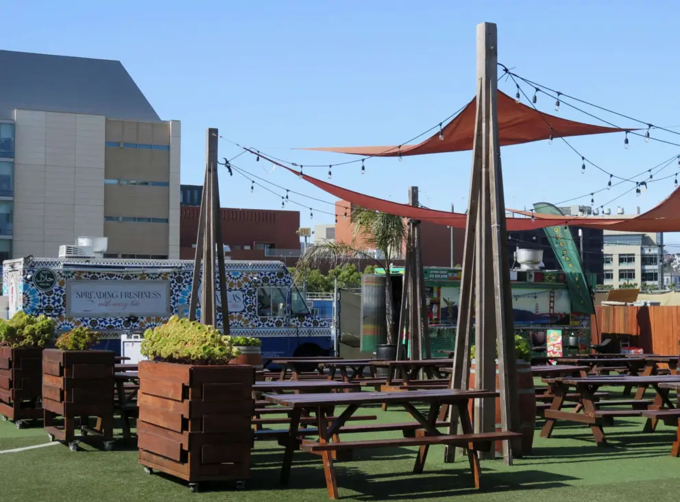 Seating at Spark Social SF food trucks. 