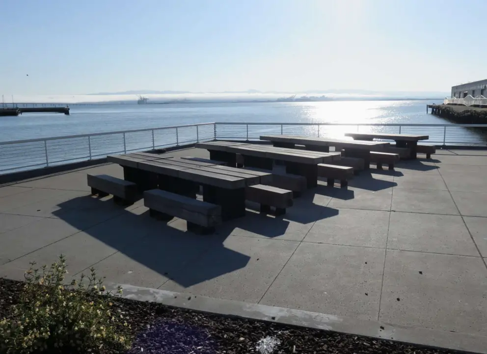 Long log picnic tables on the water at China Basin Park. 