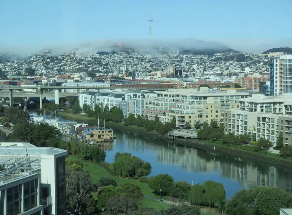 Looking down at Mission Creek Park, the houseboats, and the channel, windstill. 