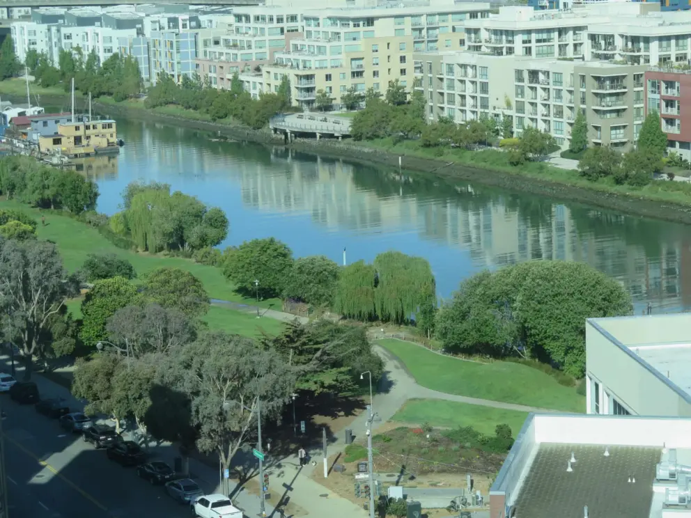 Mission Creek Park, houseboats, and channel, as seen from Luna Hotel. 