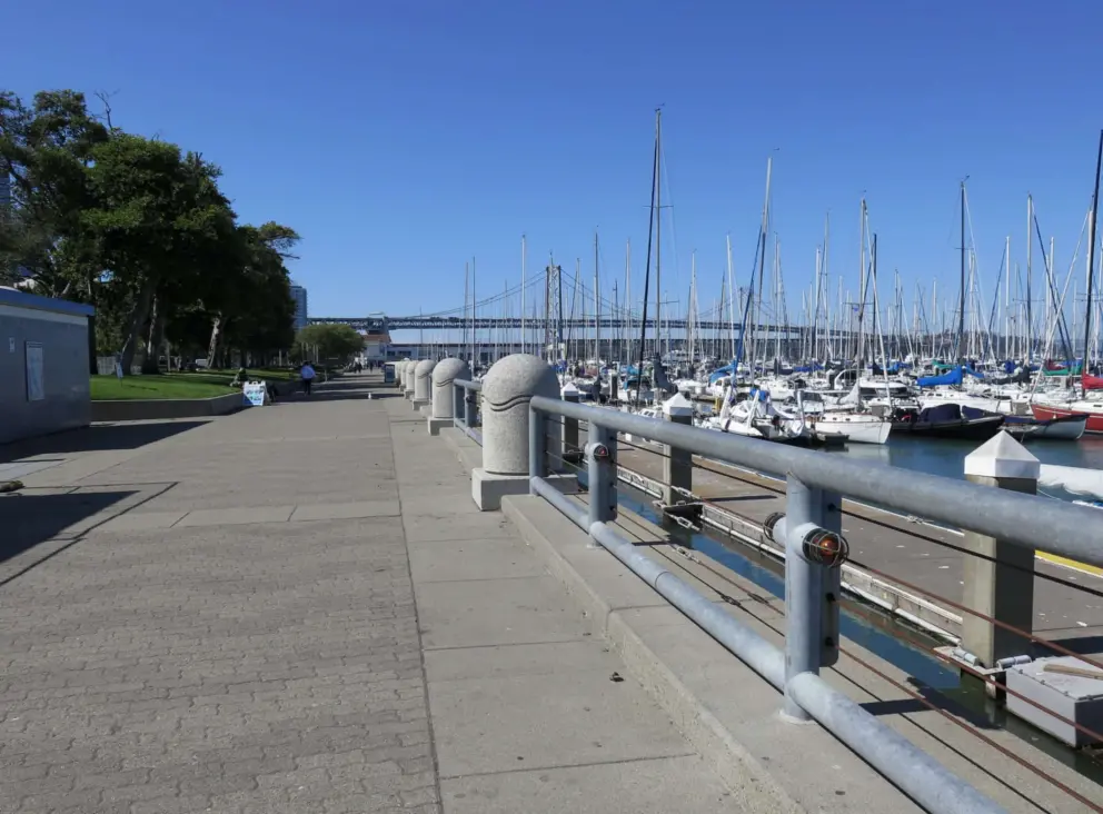 The waterfront path at South Beach Harbor, just north of Oracle Park Stadium. 