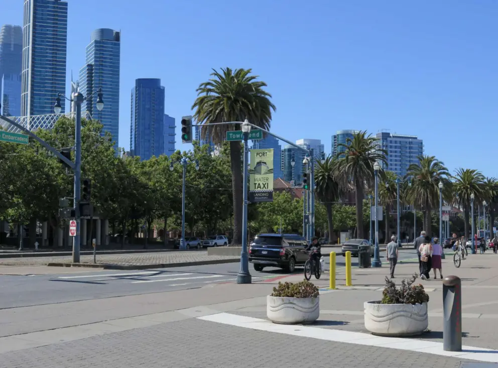 Embarcadero with its canary palms and city skyline views. 