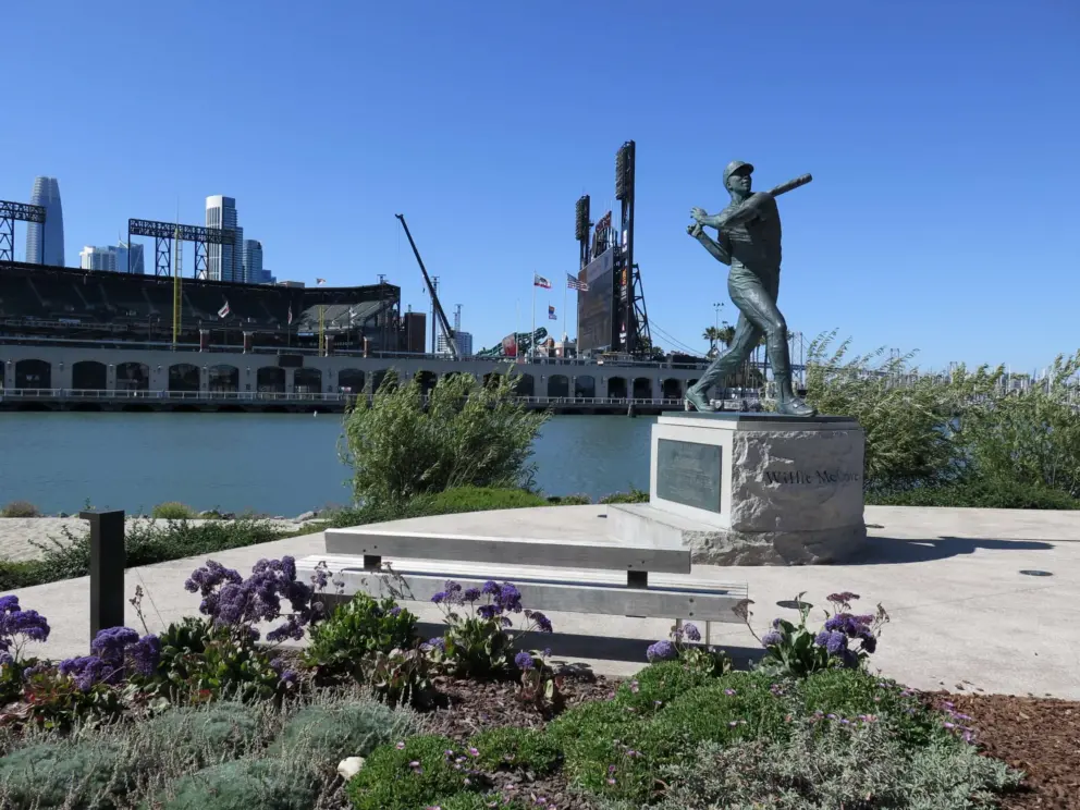 William McCovey statue at China Basin Park, with Oracle Park Stadium in the background. 