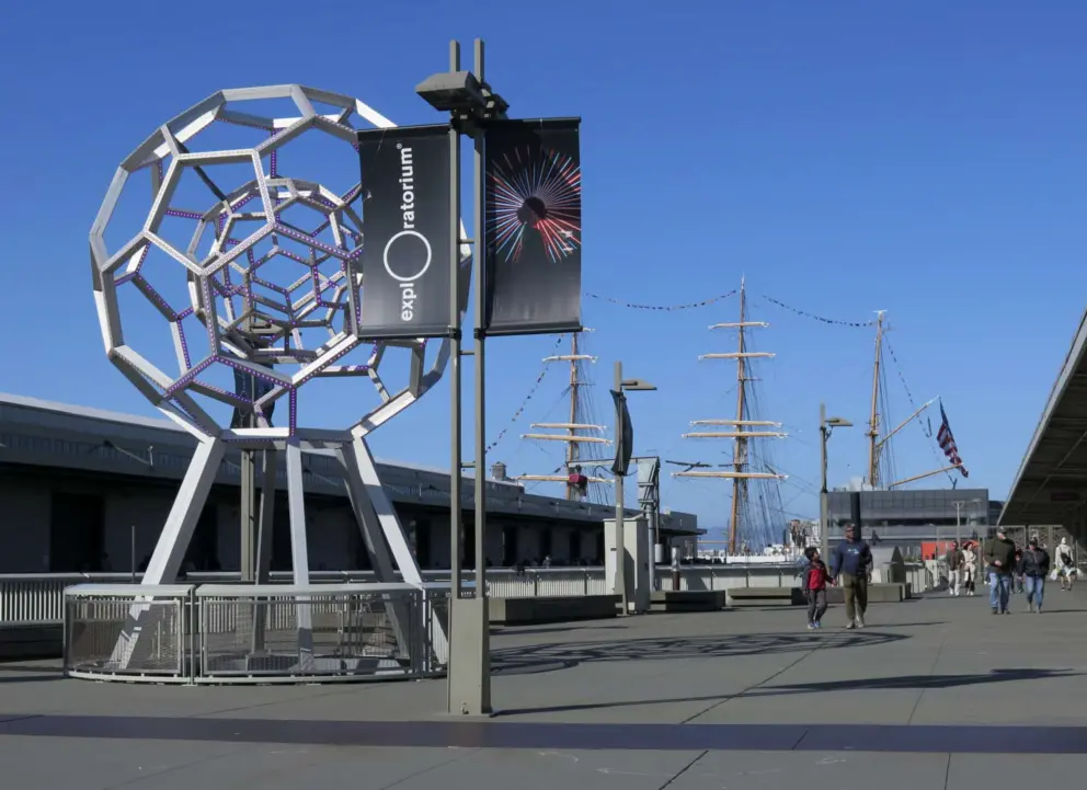Exploratorium sculpture, and sailing ship in the distance. 
