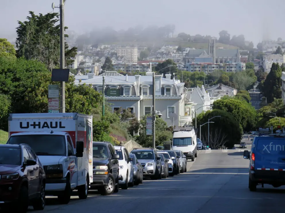 Looking down the steep street. 
