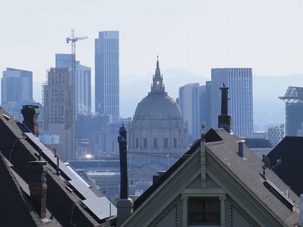 View of City Hall behind the Painted Ladies. 
