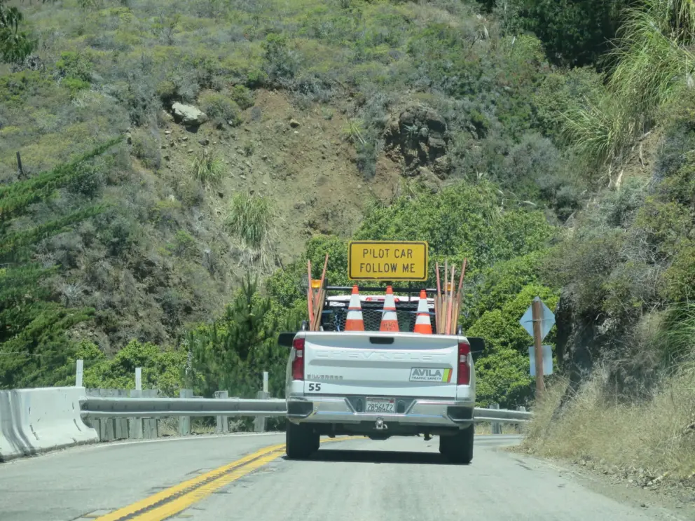 After Ragged Point, you must wait for a pilot car to lead you through a rockfall area. 
