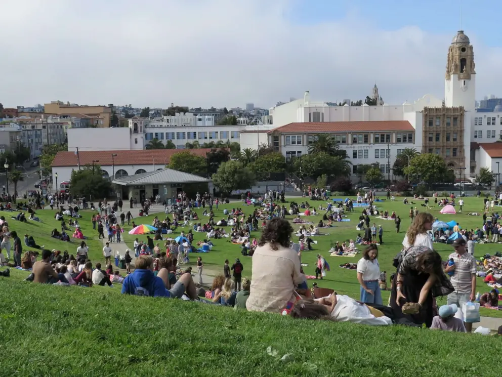 View of Mission High School and its bell tower, during a weekend festival. 