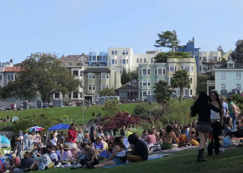 Colorful rowhouses beside Mission Dolores Park.