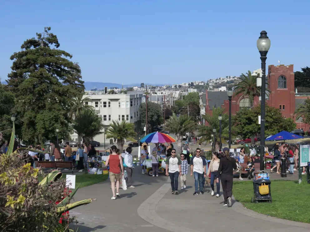 Looking toward Dolores Street from Mission Dolores Park. 