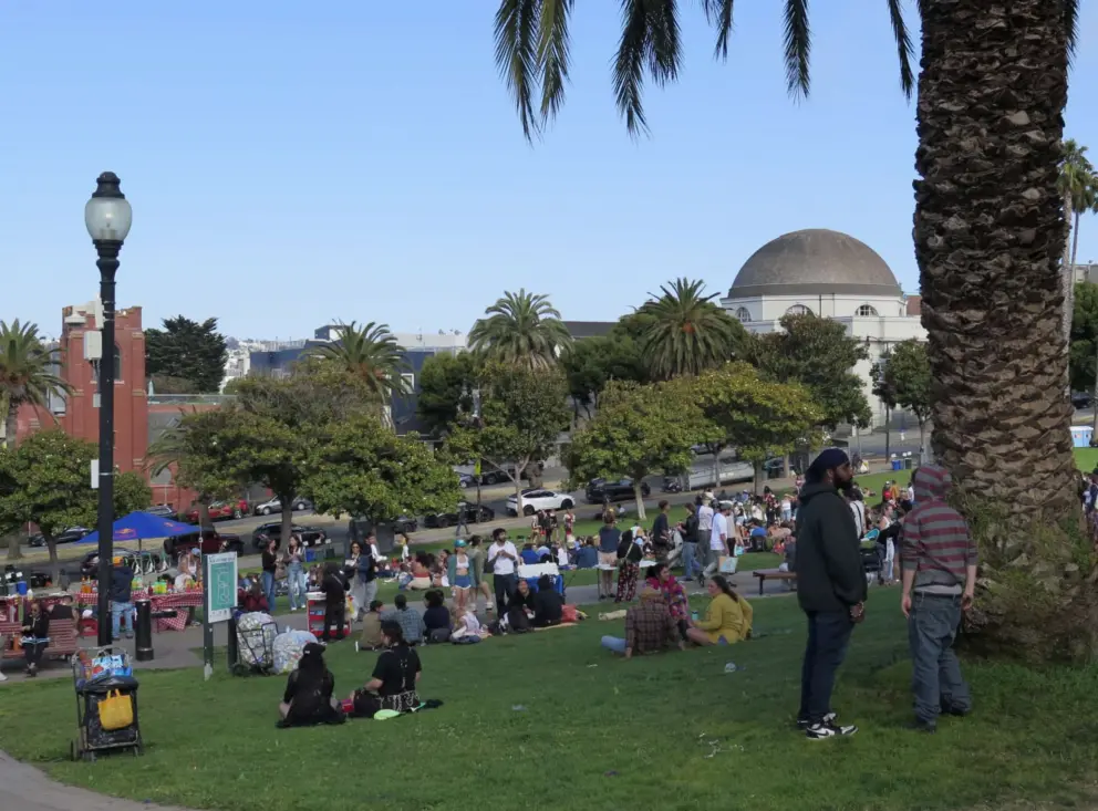 The dome, called the Lighthouse, a former church, as seen from Mission Dolores Park. 