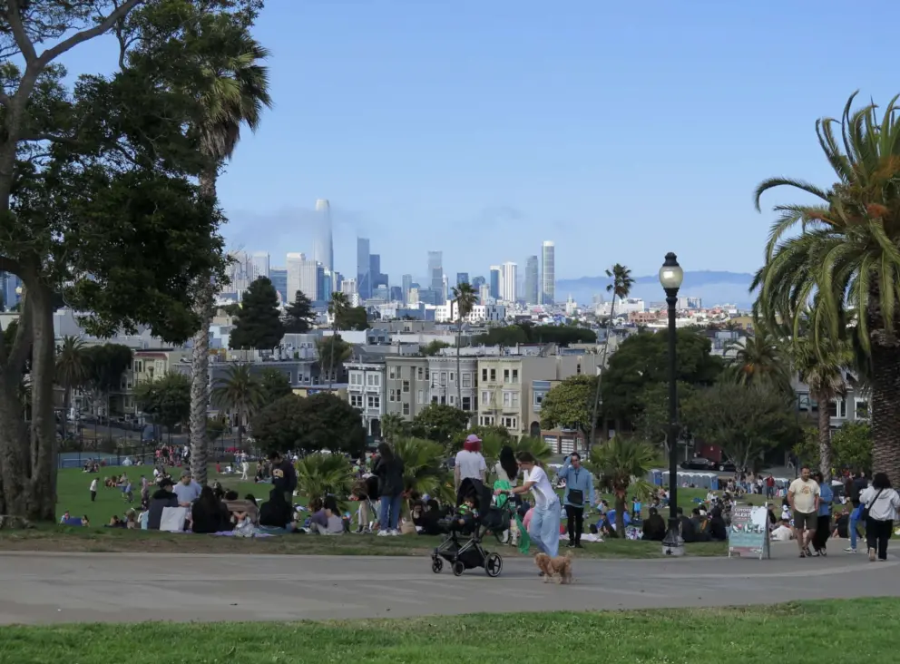 A resident brings her dog for a walk at Mission Dolores Park. 