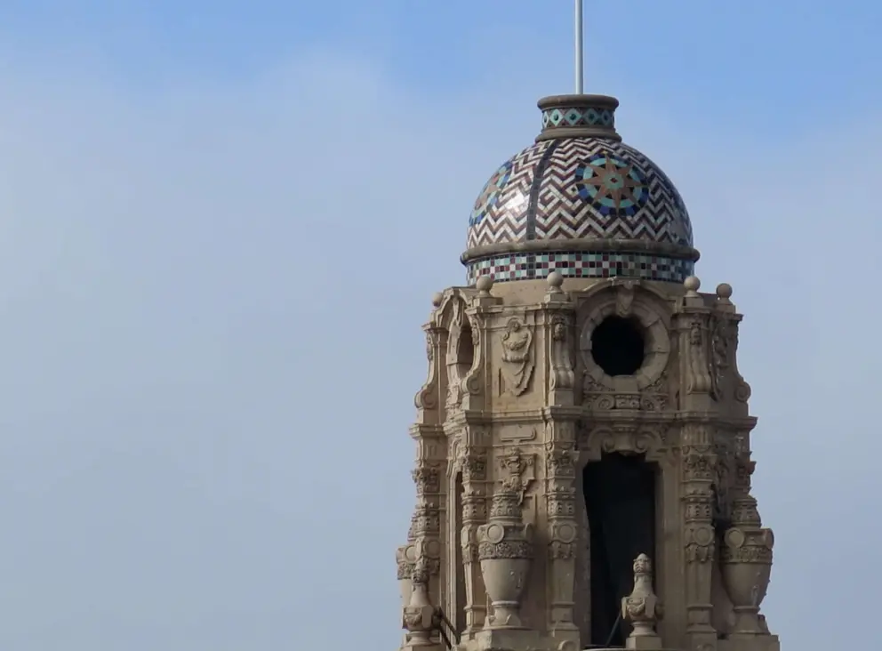Mission High School's mosaic tile bell tower. 