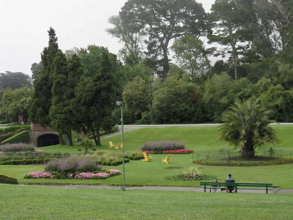 A man sits on a bench in the gardens below the conservatory.