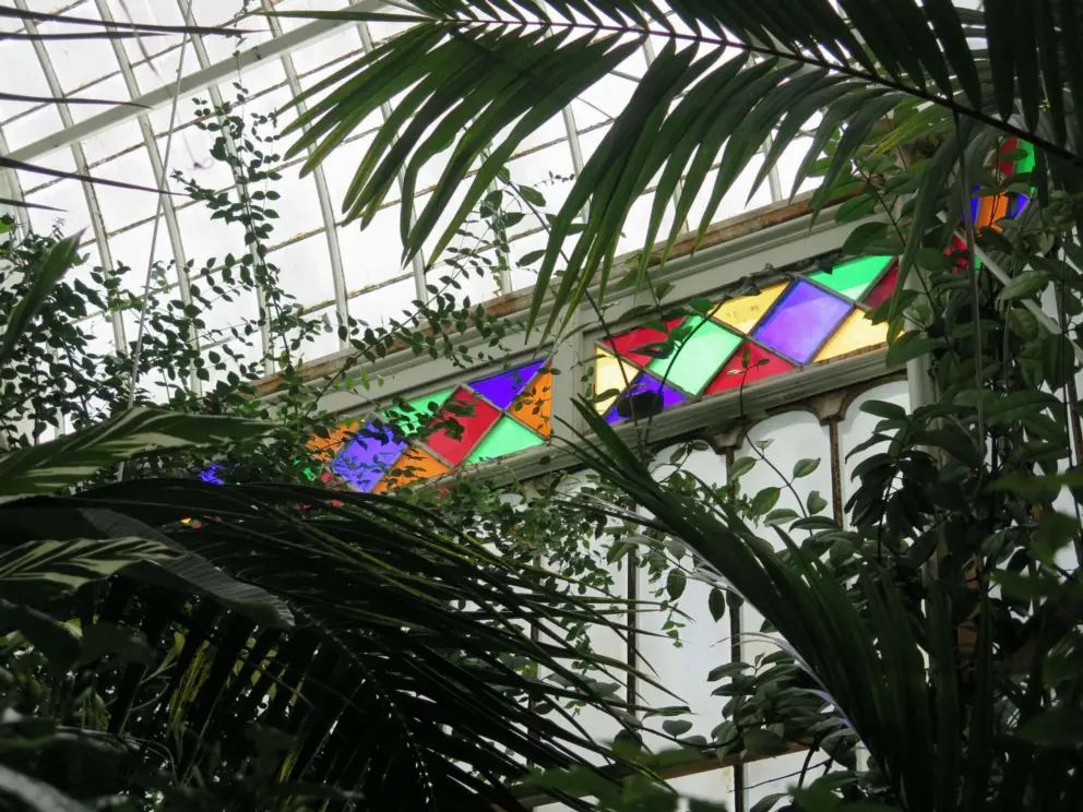 Inside the conservatory, the stained glass looks beautiful.